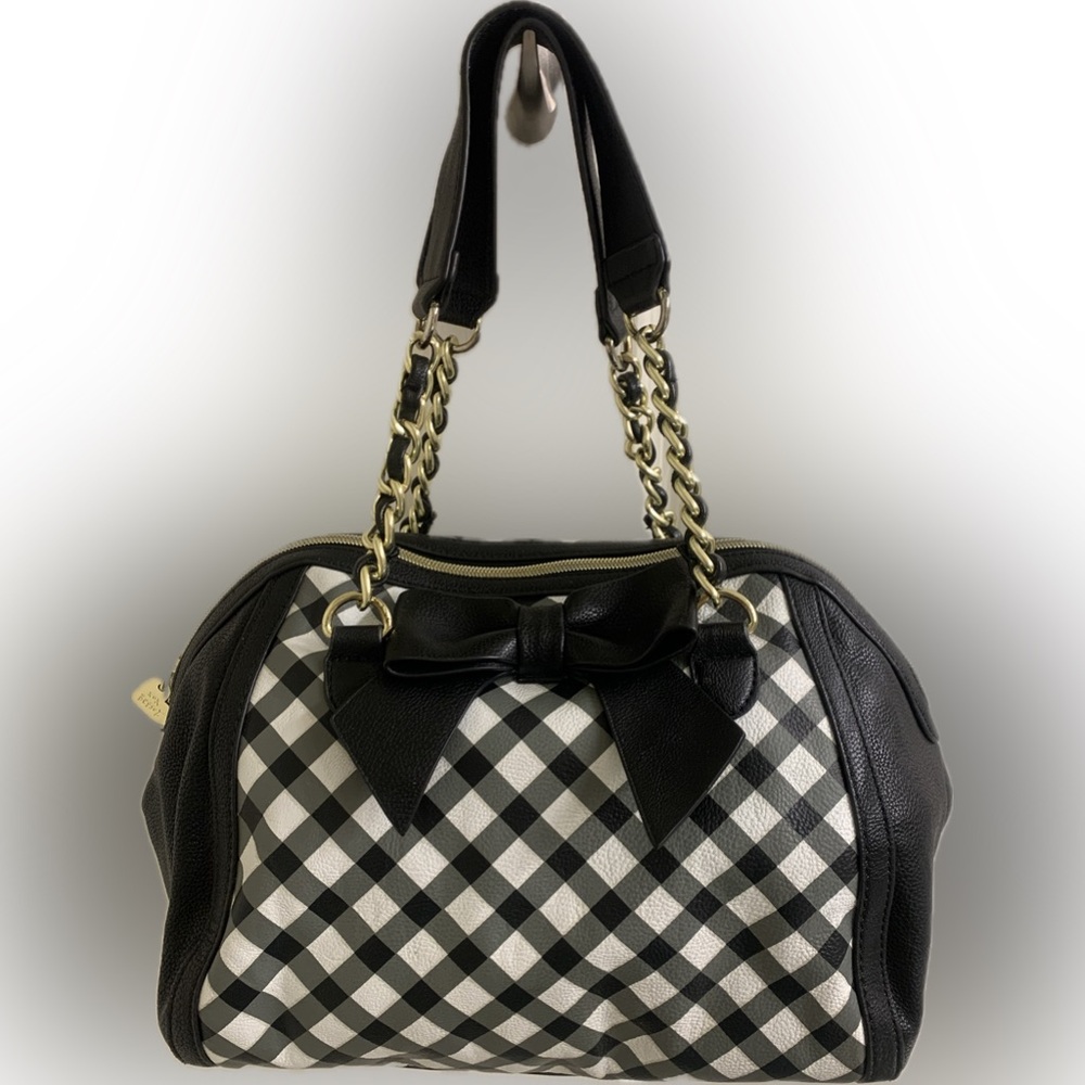 Betsey Johnson black and white check satchel